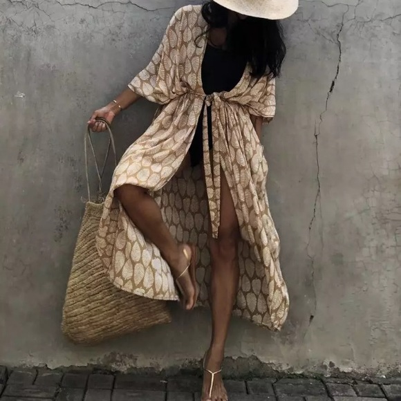 SOLD OUT Bohemian Leaf Pattern Kimono Swim Coverup Wrap Duster Robe - Picture 8 of 9